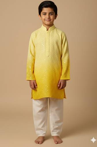 Yellow chikankari kurta set for boys