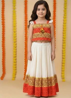 girls orange printed top with off-white ghagra 1