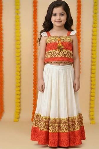girls orange printed top with off-white ghagra