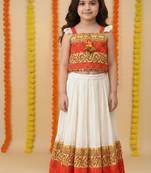 girls orange printed top with off-white ghagra