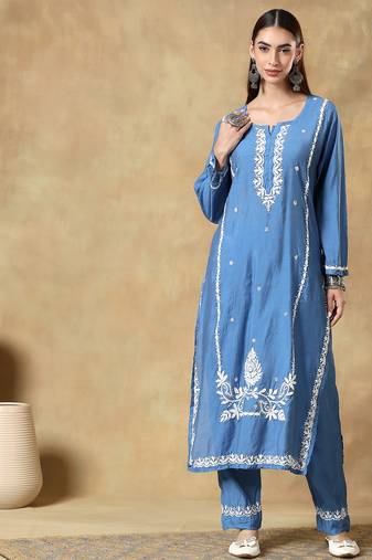 Sky blue embroidered chanderi Kurta sets
