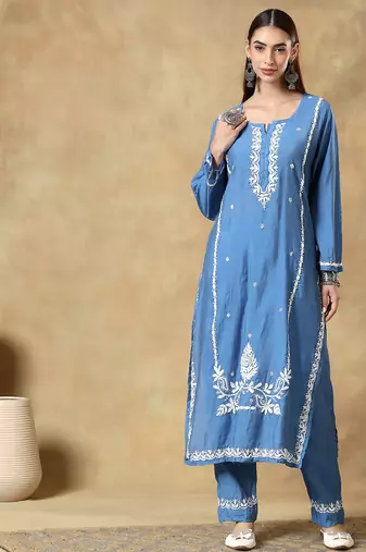 Sky blue embroidered chanderi Kurta sets