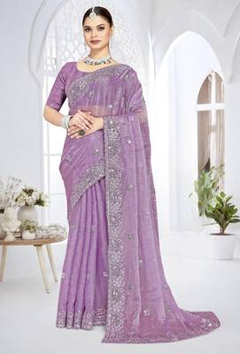 Levender resham sequence codding work crunchy silk blend saree with blouse 1