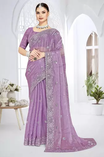 Levender color resham sequence codding work crunchy silk saree with blouse