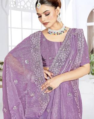 Levender resham sequence codding work crunchy silk blend saree with blouse 2