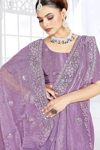 Levender color resham sequence codding work crunchy silk blend saree with blouse