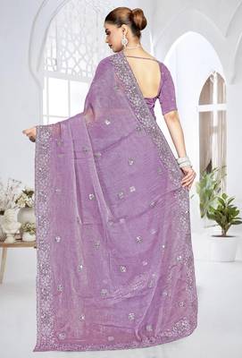 Levender resham sequence codding work crunchy silk blend saree with blouse 3