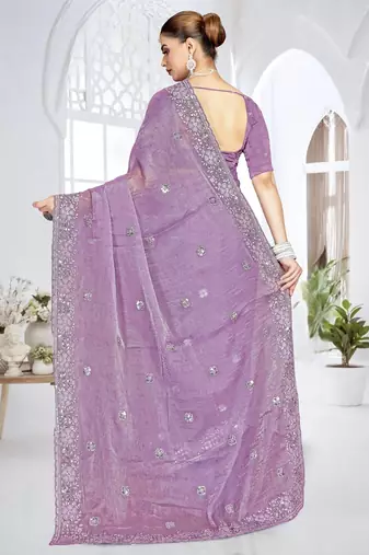 Levender color resham sequence codding work crunchy silk blend saree with blouse