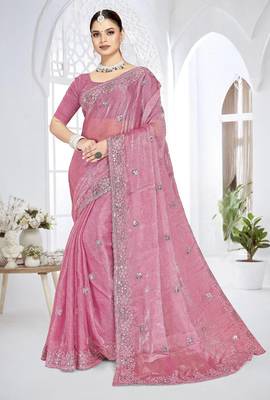 Pink color resham sequence codding work crunchy silk blend saree with blouse 1