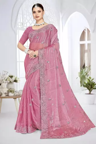 Pink color resham sequence codding work crunchy silk saree with blouse