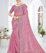 Pink color resham sequence codding work crunchy silk saree with blouse