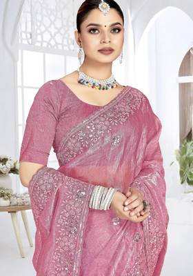 Pink color resham sequence codding work crunchy silk blend saree with blouse 2