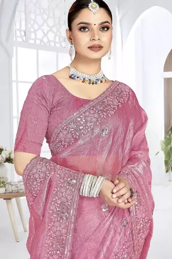 Pink color resham sequence codding work crunchy silk blend saree with blouse