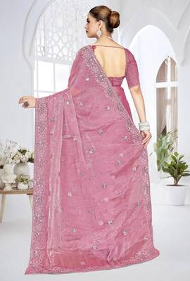 Pink color resham sequence codding work crunchy silk blend saree with blouse 3