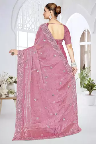 Pink color resham sequence codding work crunchy silk blend saree with blouse