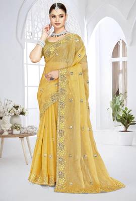 Musturd color resham sequence codding work crunchy silk blend saree with blouse 1