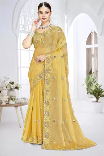 Musturd color resham sequence codding work crunchy silk saree with blouse