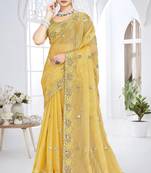 Musturd color resham sequence codding work crunchy silk saree with blouse