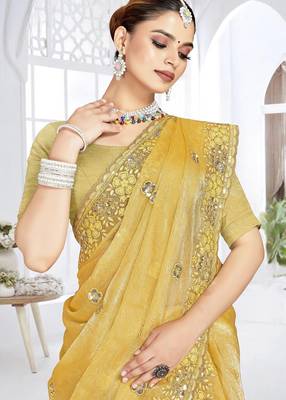 Musturd color resham sequence codding work crunchy silk blend saree with blouse 2