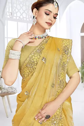Musturd color resham sequence codding work crunchy silk blend saree with blouse