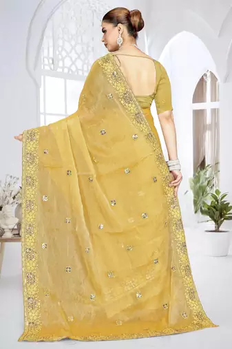 Musturd color resham sequence codding work crunchy silk blend saree with blouse