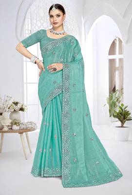 Sky blue color resham sequence codding work crunchy silk blend saree with blouse 1
