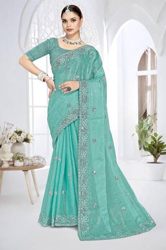 Sky blue color resham sequence codding work crunchy silk saree with blouse