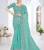 Sky blue color resham sequence codding work crunchy silk saree with blouse