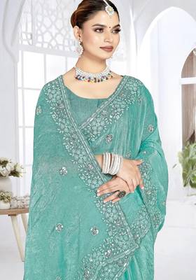 Sky blue color resham sequence codding work crunchy silk blend saree with blouse 2