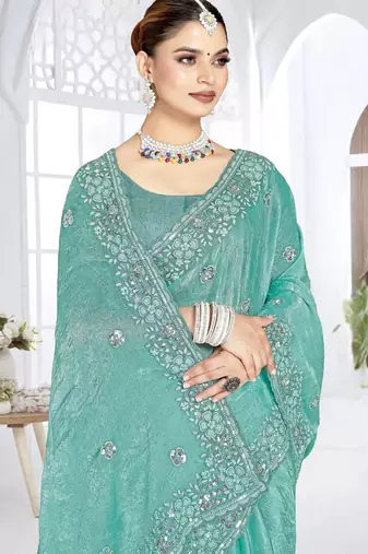 Sky blue color resham sequence codding work crunchy silk blend saree with blouse