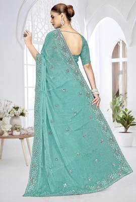 Sky blue color resham sequence codding work crunchy silk blend saree with blouse 3
