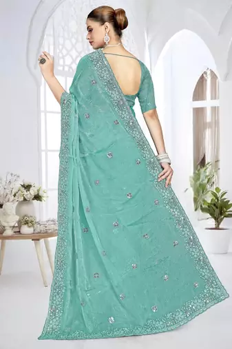 Sky blue color resham sequence codding work crunchy silk blend saree with blouse
