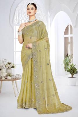 Mehandi green color resham sequence codding work crunchy silk blend saree with blouse 1