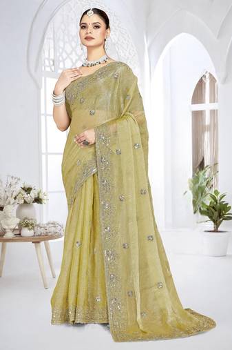 Mehandi green color resham sequence codding work crunchy silk saree with blouse