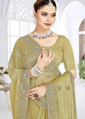 Mehandi green color resham sequence codding work crunchy silk blend saree with blouse 2