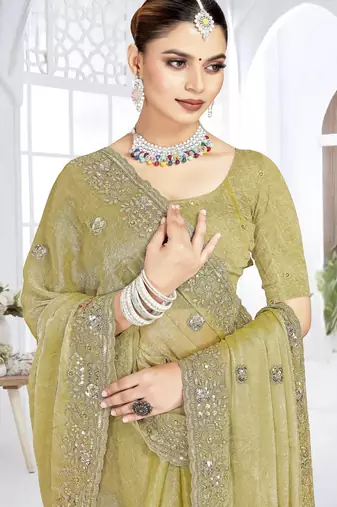 Mehandi green color resham sequence codding work crunchy silk blend saree with blouse