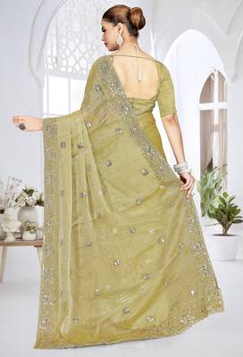 Mehandi green color resham sequence codding work crunchy silk blend saree with blouse 3