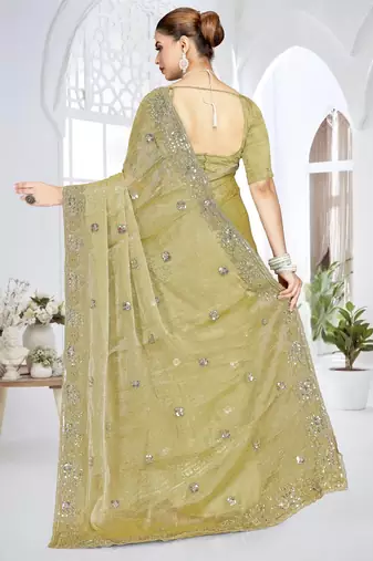 Mehandi green color resham sequence codding work crunchy silk blend saree with blouse