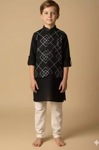 Black embroidered viscose kurta bandi set for boys