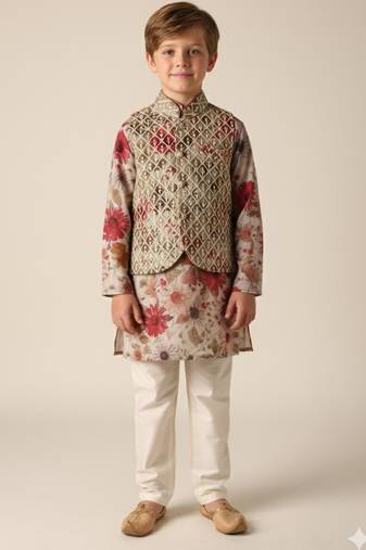 Fawn embroidered kurta bandi set for boys
