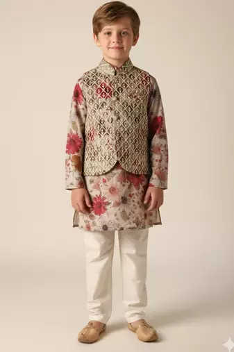 Fawn embroidered kurta bandi set for boys