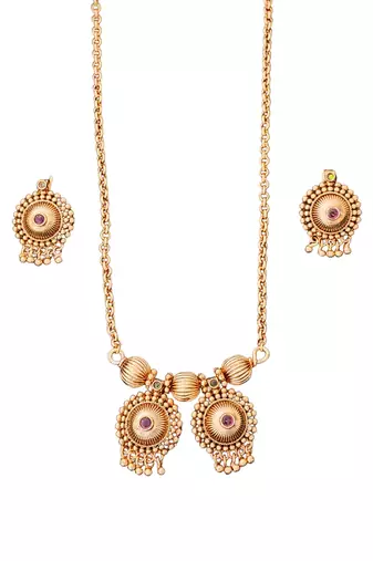 Elegant gold-plated pendant and earring set with red and green stones