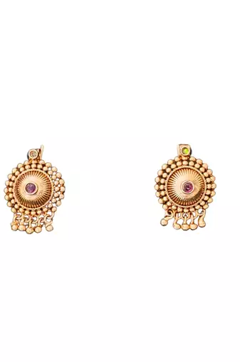 Elegant gold-plated pendant and earring set with red and green stones