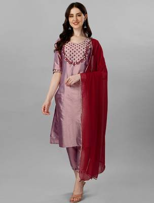 Violet color art silk blend foil embroidered work kurti pant dupatta 1