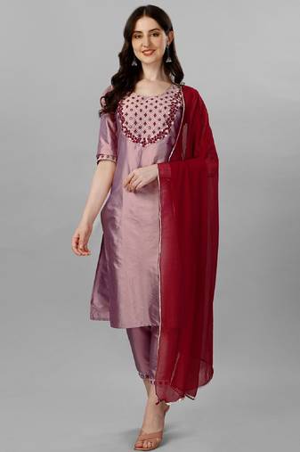 Violet color art silk foil embroidered work kurti pant dupatta