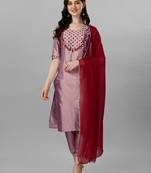 Violet color art silk foil embroidered work kurti pant dupatta