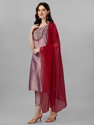 Violet color art silk blend foil embroidered work kurti pant dupatta 2