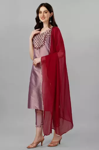 Violet color art silk blend foil embroidered work kurti pant dupatta