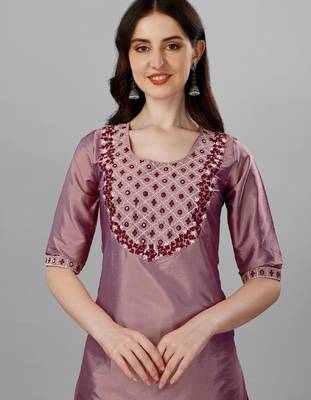 Violet color art silk blend foil embroidered work kurti pant dupatta 3