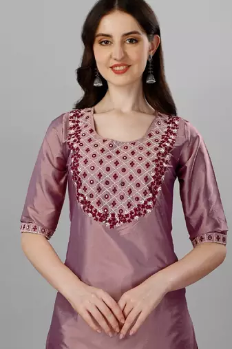 Violet color art silk blend foil embroidered work kurti pant dupatta